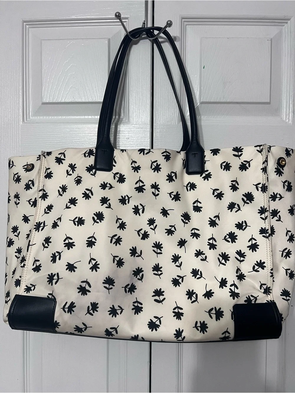 Tory Burch Black & White Floral Logo Tote